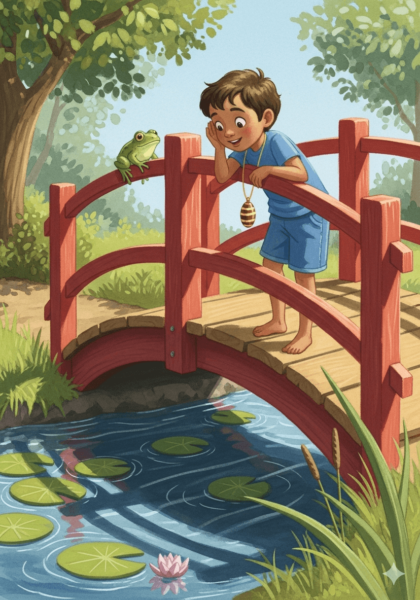 Two friends cross a red bridge over the pond