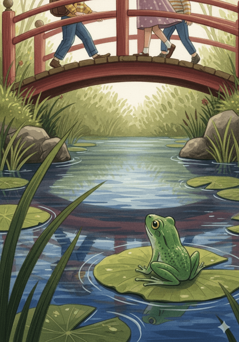 Charlie the Magic Bunny meets a frog on the bridge